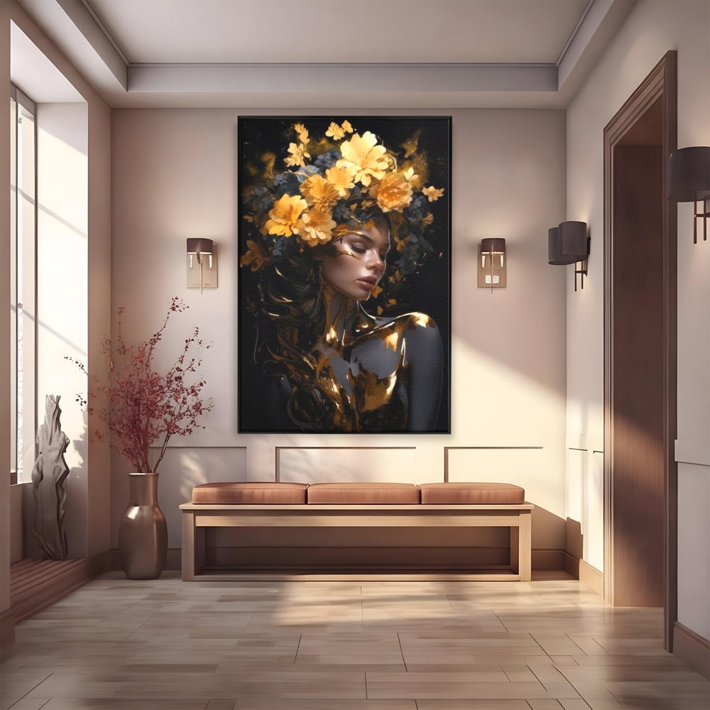 Tablou canvas cu tablou canvas cu portret de femeie aurita, in rama de aluminiu negru